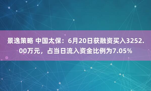 景逸策略 中国太保：6月20日获融资买入3252.00万元，占当日流入资金比例为7.05%