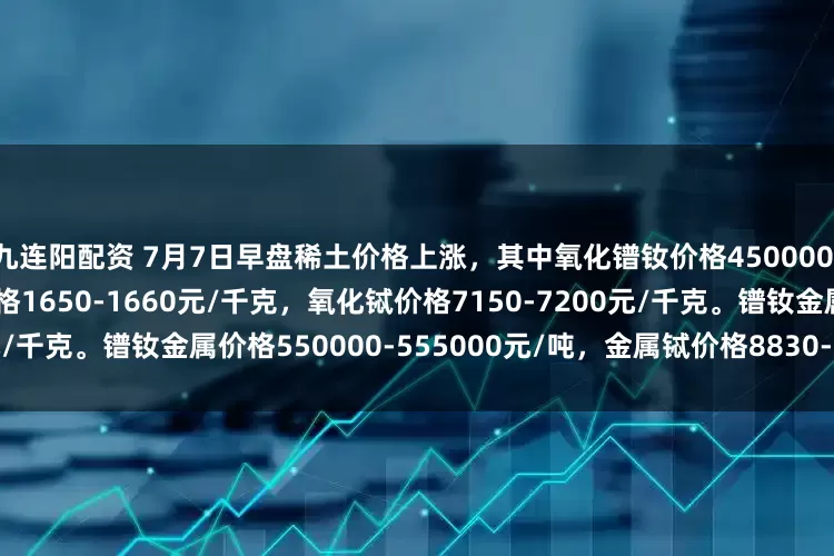 九连阳配资 7月7日早盘稀土价格上涨，其中氧化镨钕价格450000-452000元/吨，氧化镝价格1650-1660元/千克，氧化铽价格7150-7200元/千克。镨钕金属价格550000-555000元/吨，金属铽价格8830-8880元/千克。